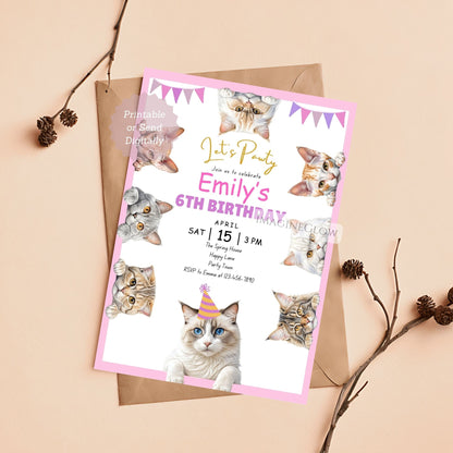 Cat Themed Birthday Invitation - Cute Kitten Party Invite - Girl Birthday