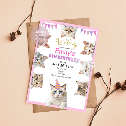 Cat Themed Birthday Invitation - Cute Kitten Party Invite - Girl Birthday