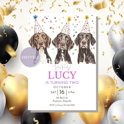 Editable birthday invitation with a German Shorthaired Pointer design.