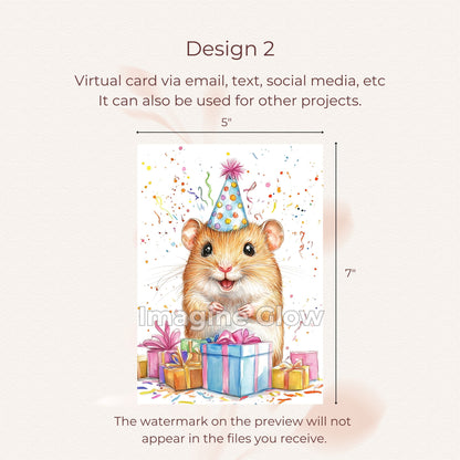 Printable birthday card with hamsters wearing party hats, perfect for hamster lovers