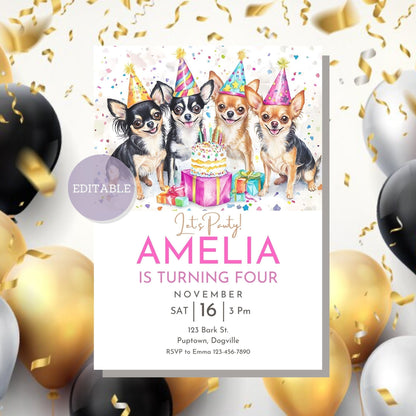 Digital download birthday invitation with Chihuahua dogs, perfect for dog lovers