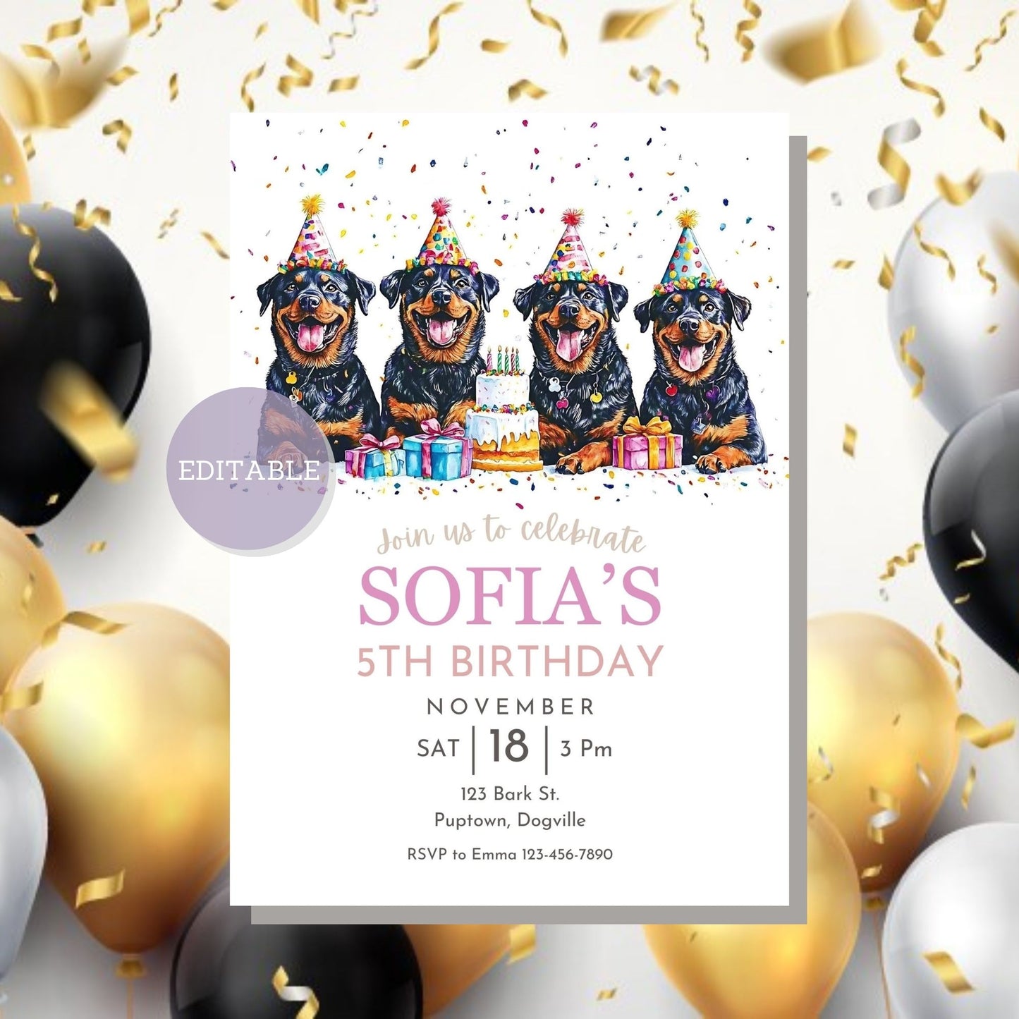 Personalized birthday invitation template with Rottweiler graphics, available as a digital download.