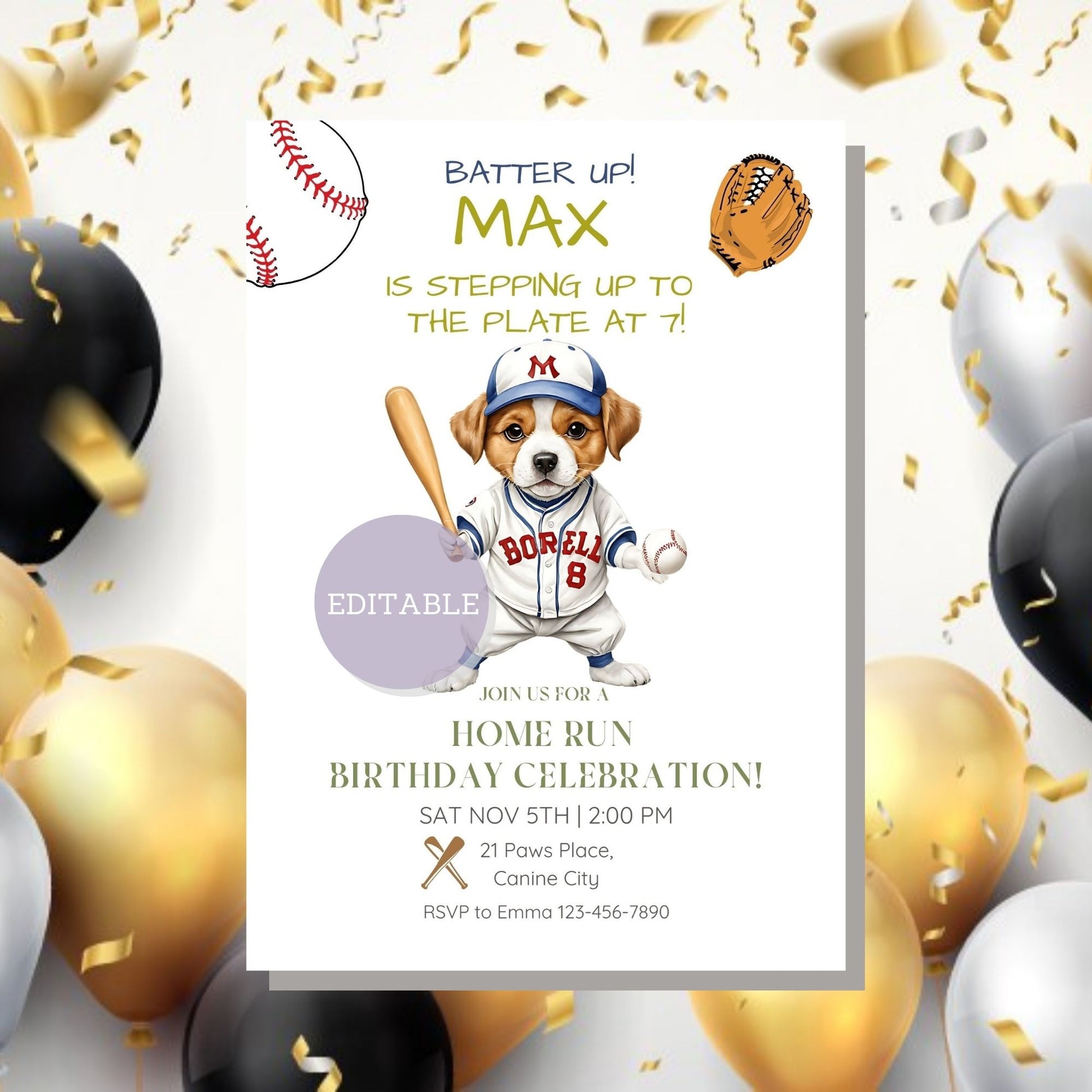 Digital download of baseball-themed dog birthday invitation for any celebration