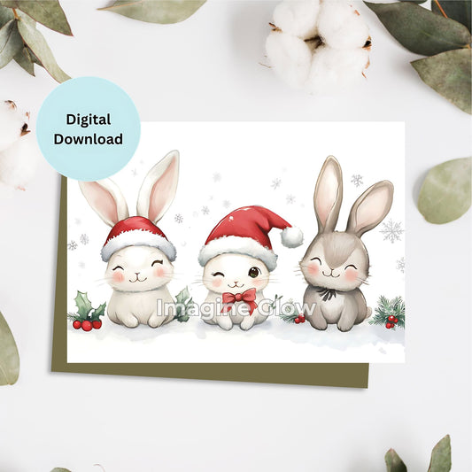 Cute Bunny design on a printable Christmas card for sending holiday cheer.