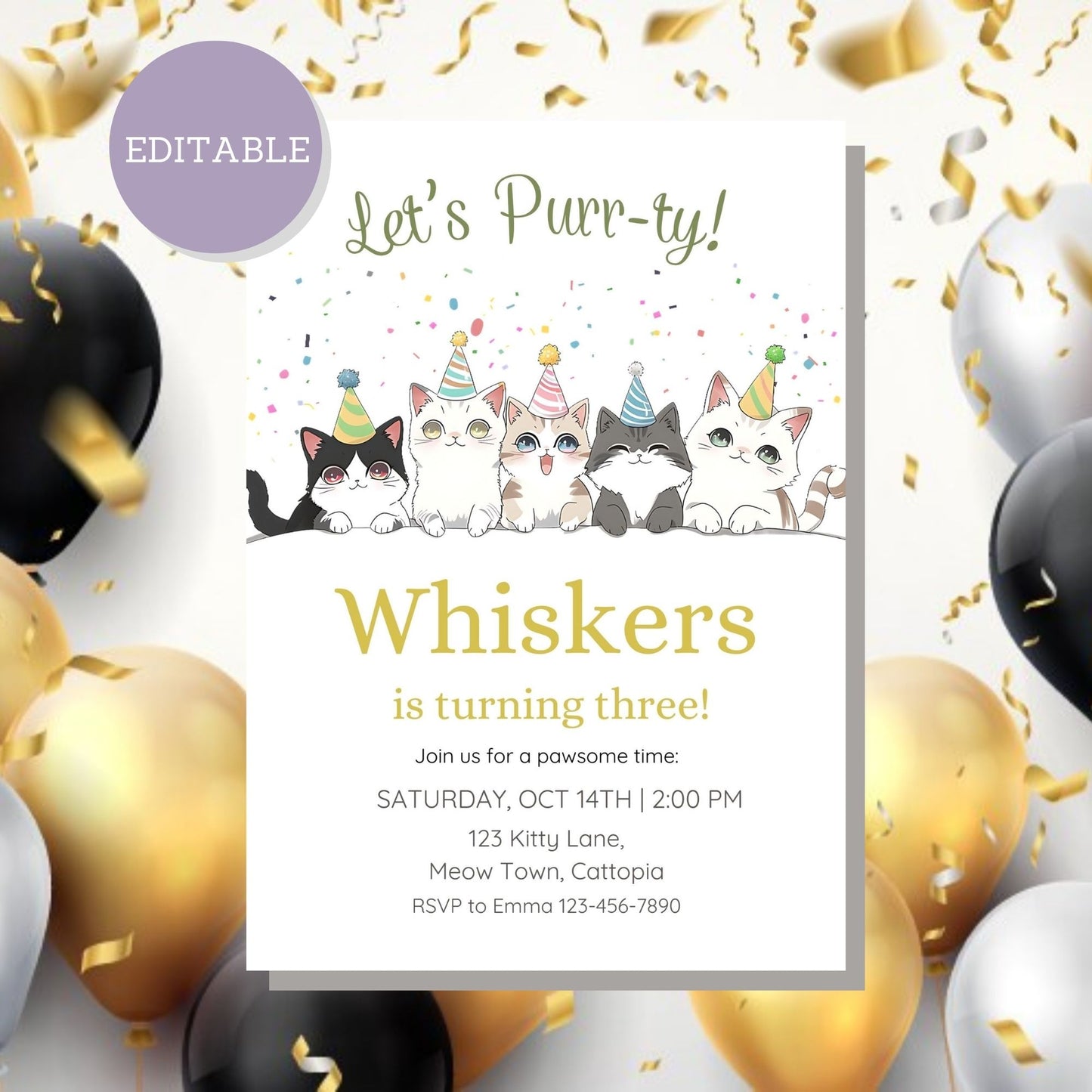 Digital download for an adorable kitten birthday invite, perfect for cat lovers