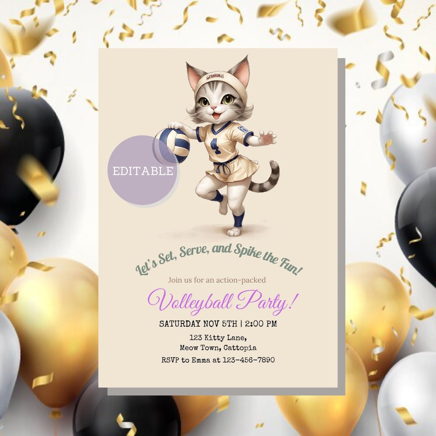 Printable Kitten Volleyball Invitation Template - Perfect for Kid&#39;s Sports Party