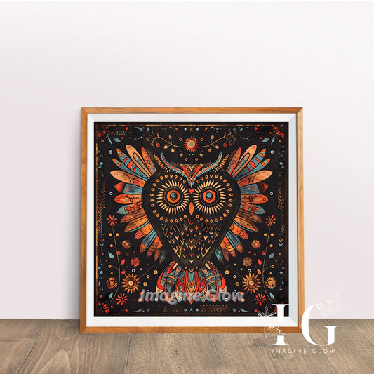 Abstract owl artwork featuring vibrant colors and intricate patterns