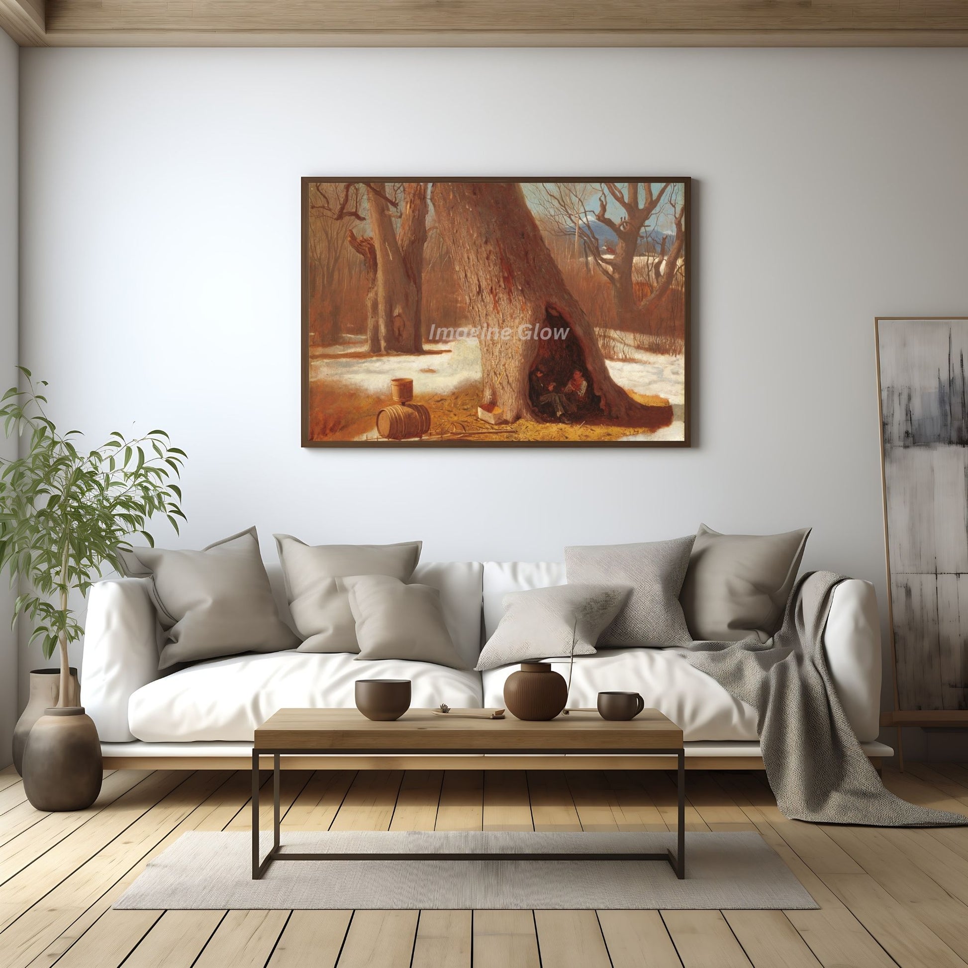 Elegant vintage painting showing boys in a tree cave, ideal for adding charm to your space.