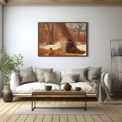 Elegant vintage painting showing boys in a tree cave, ideal for adding charm to your space.