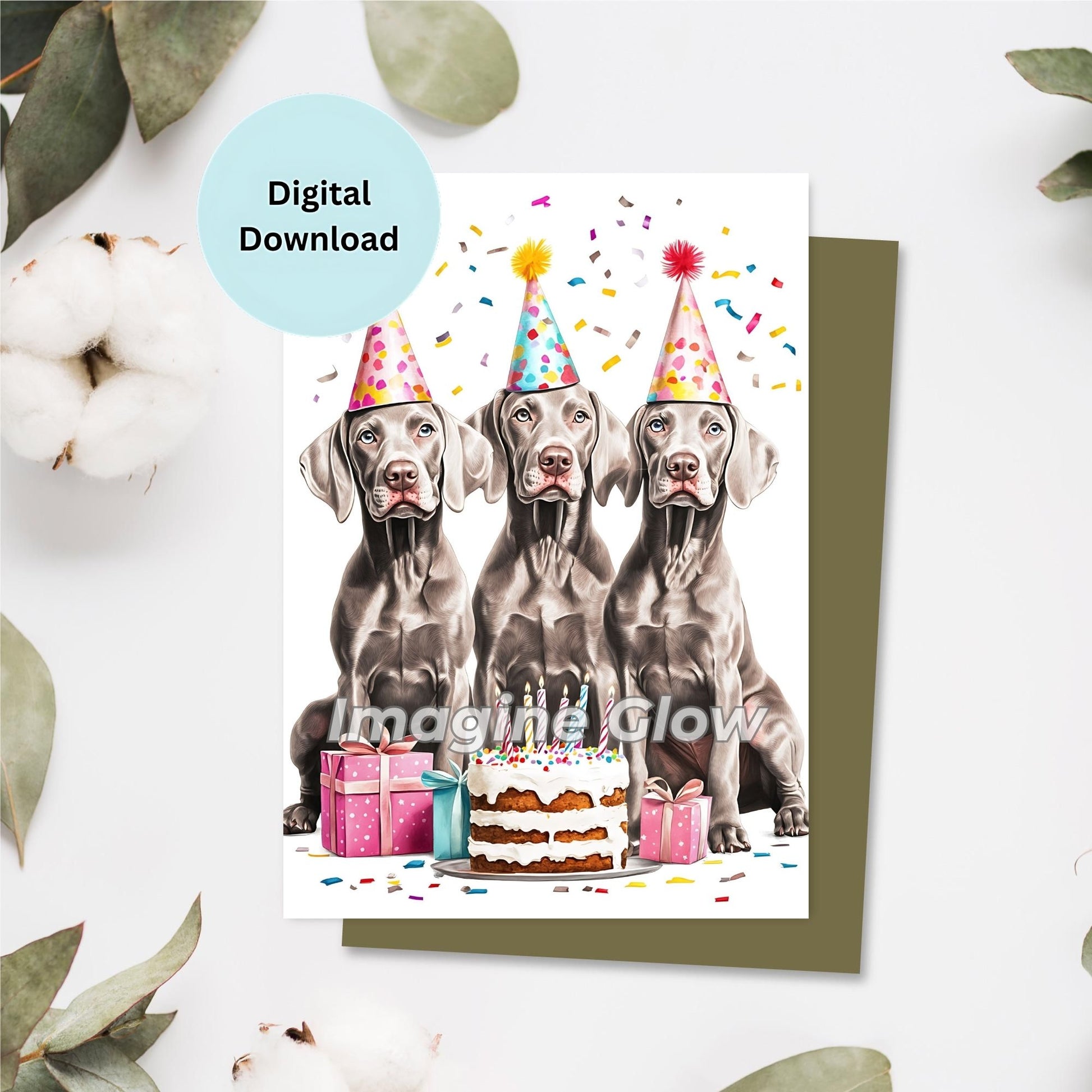 Weimaraner dogs birthday card digital download featuring playful Weimaraners at a fun party celebration