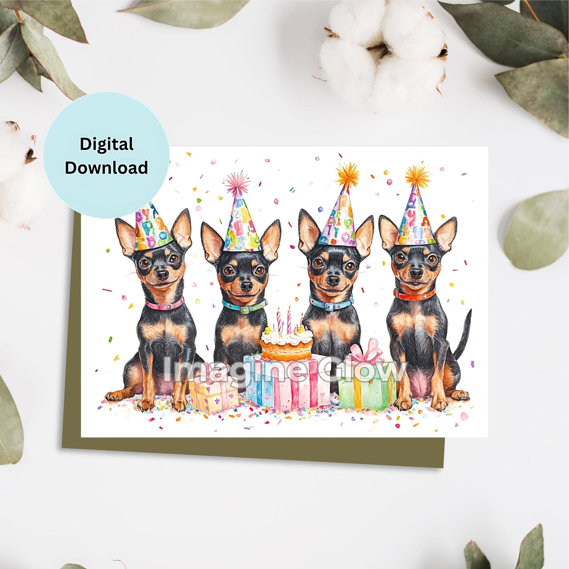 Miniature Pinscher birthday card with a festive design for parties and celebrations.