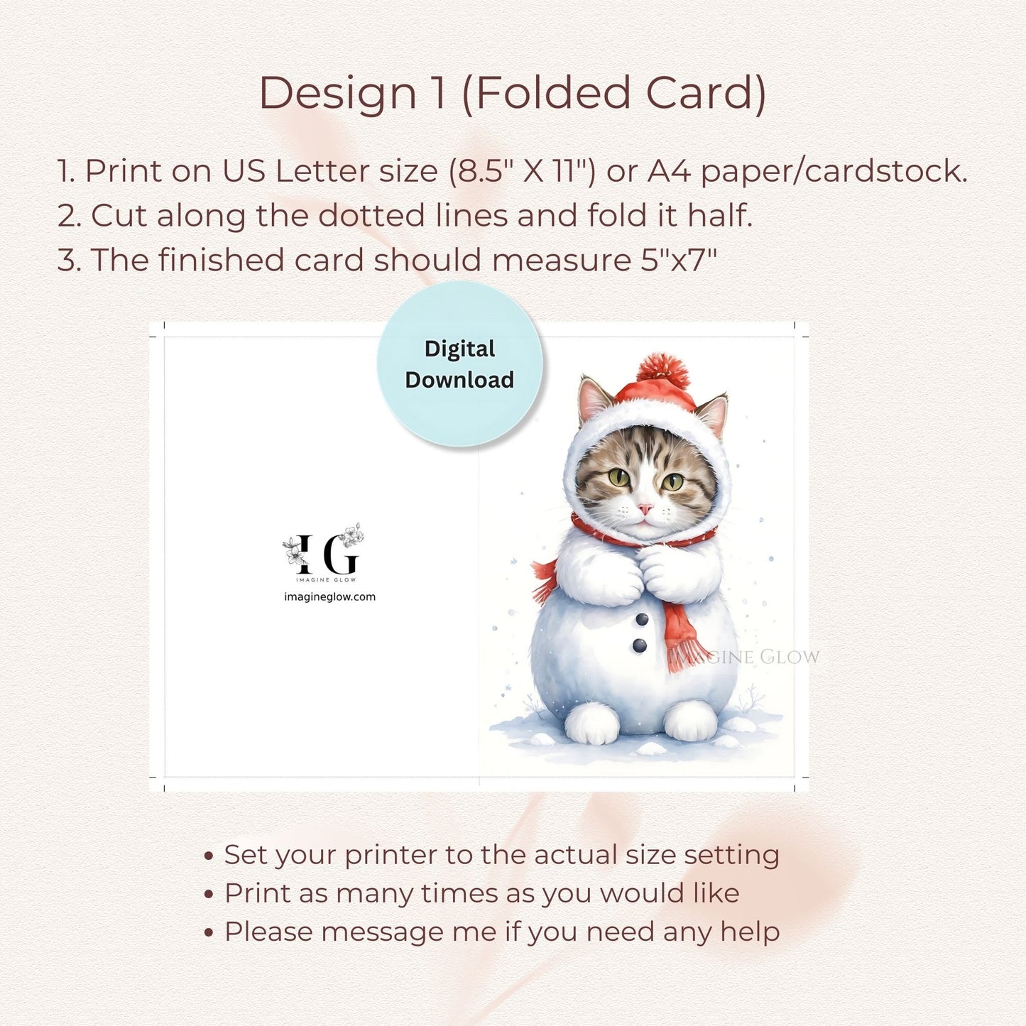 Cat Christmas Card Set B – Printable Pet Greeting Cards – Set of 10 Holiday Cards