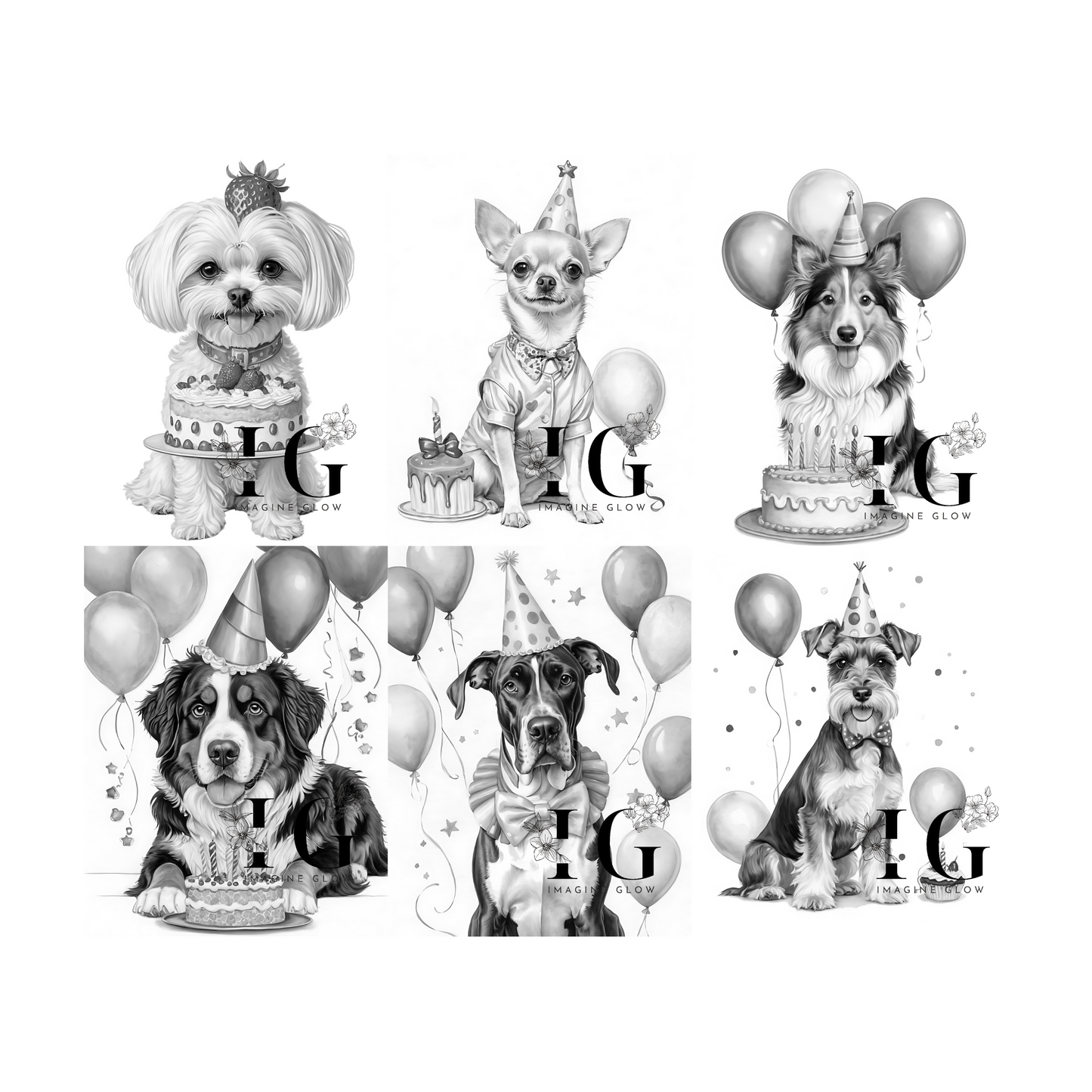 28 printable dog-themed birthday coloring pages for artistic activities.