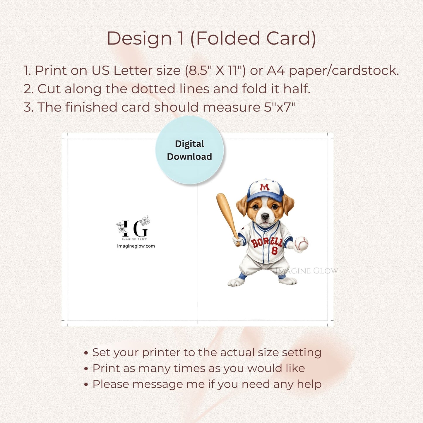 Printable pet card featuring a cute baseball dog