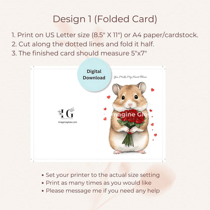 I love you card with animal holding red roses, digital download