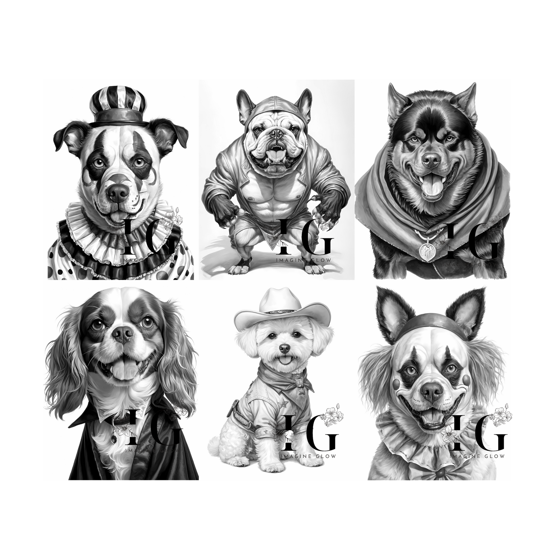 4 unique Halloween-themed dog costume coloring pages, ideal for all ages.