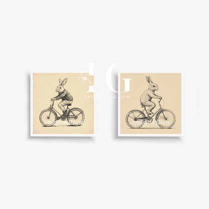 Printable set of 2 Bunny on bike wall art, adding a unique touch to cycling decor.