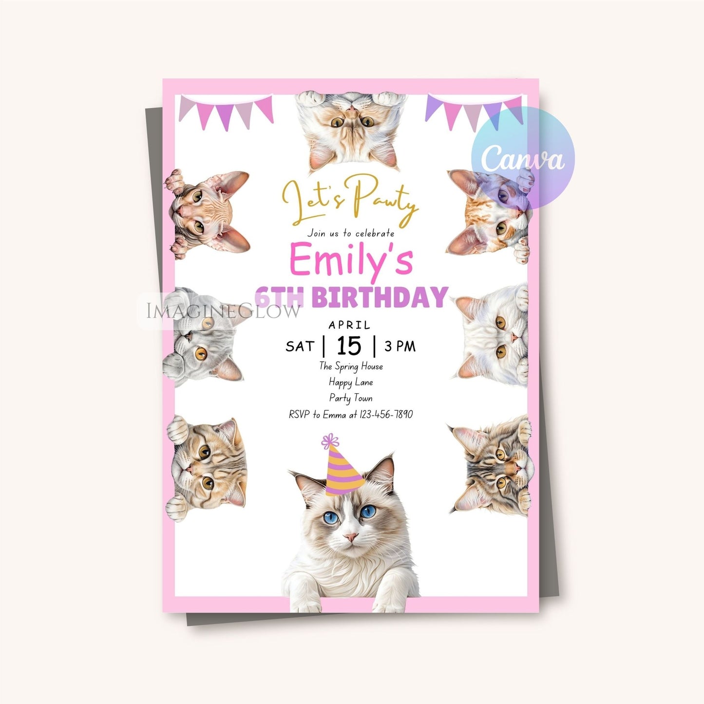 Cat Themed Birthday Invitation - Cute Kitten Party Invite - Girl Birthday
