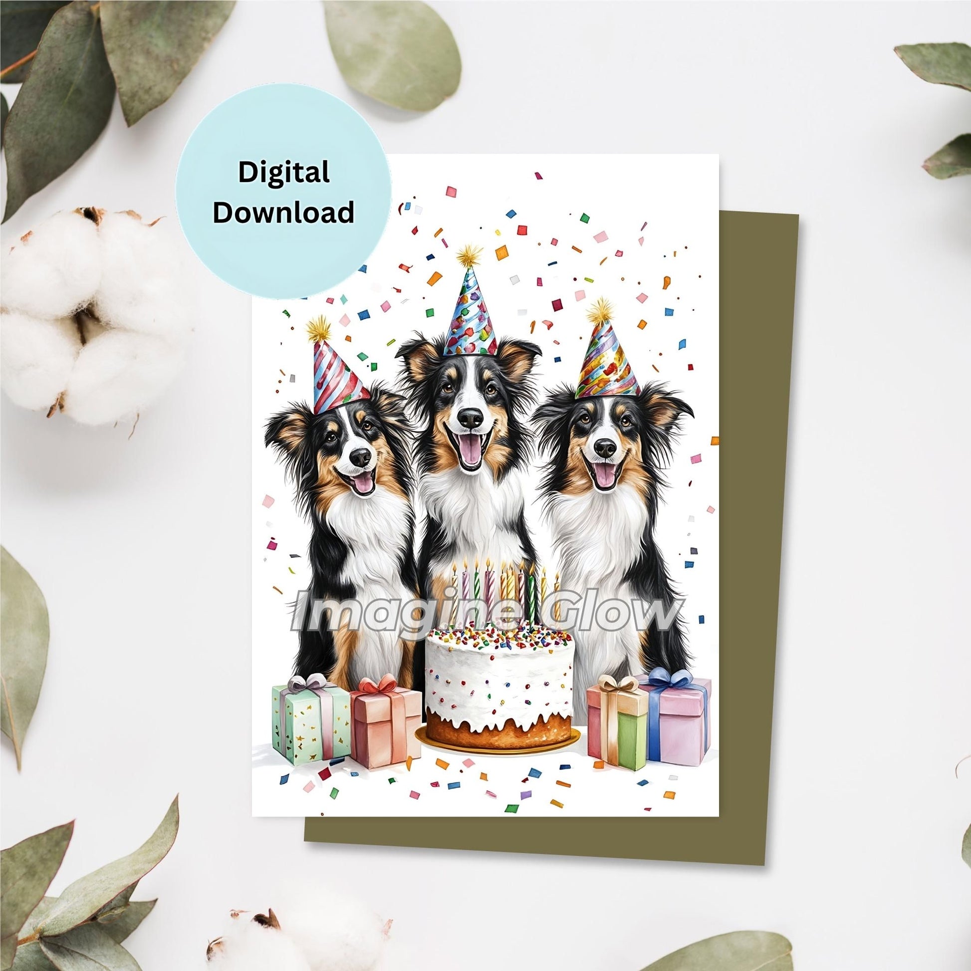 Collie dogs birthday card with a fun party theme, perfect for dog lovers and Collie enthusiasts