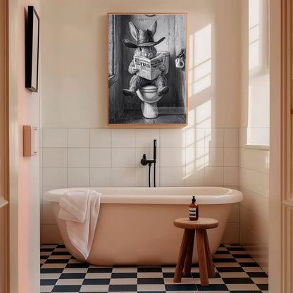 Rabbit Sitting on Toilet Print - Funny Bathroom Wall Decor