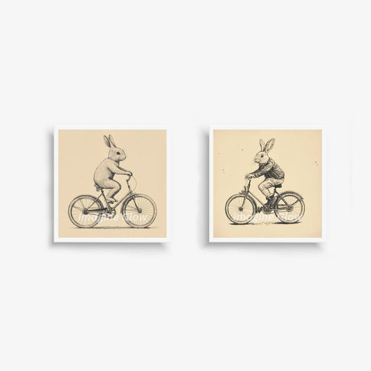 Set of 2 printable Bunny on bike art prints for cycling-themed wall decor.