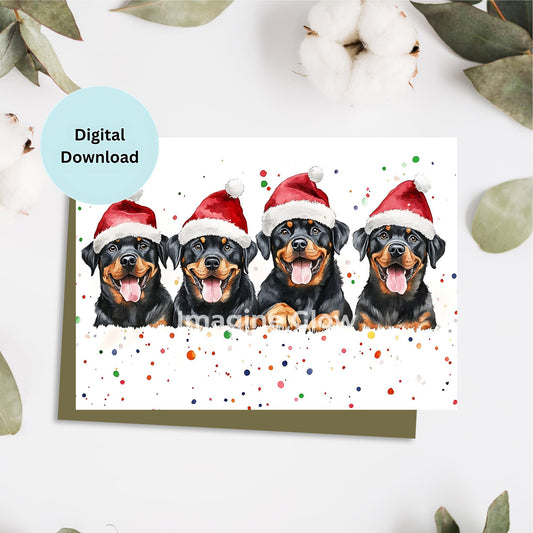 Festive Rottweiler Dogs Christmas card with holiday decorations