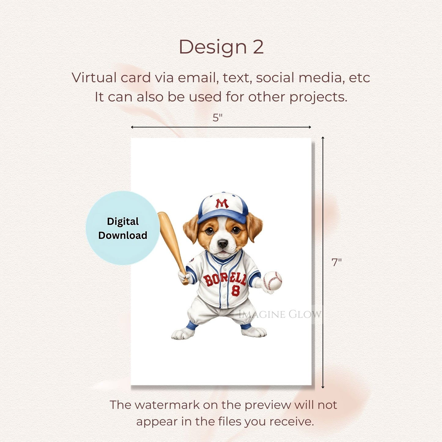 Fun dog lover greeting card with baseball theme.
Versatile baseball dog card digital download.