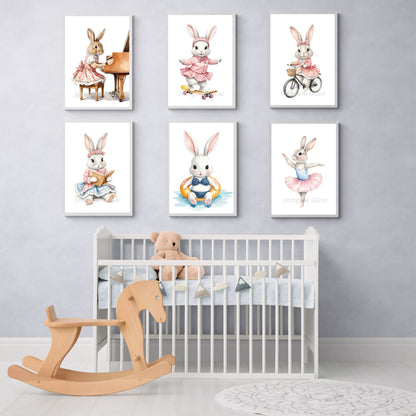 Printable Bunny nursery art set of 6, perfect for a girl's room wall decor.