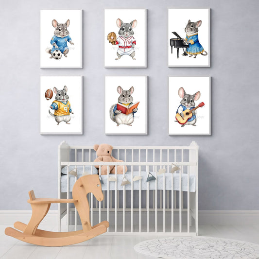 Set of 6 chinchilla nursery prints for kid’s bedroom printable wall art.