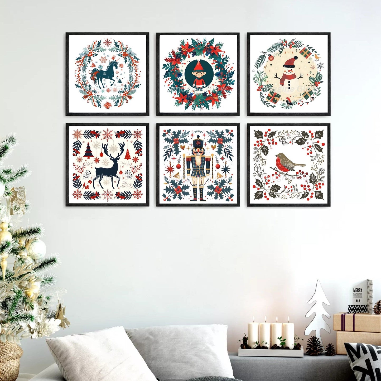 Colorful Christmas pattern print featuring festive motifs, ideal for holiday wall art.