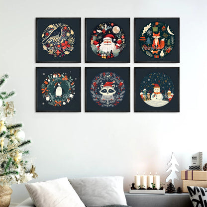 Set of 6 festive Christmas art prints featuring vibrant holiday designs, perfect for wall decor.