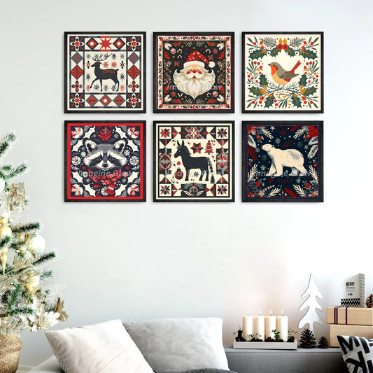 Set of 6 festive Christmas printables featuring holiday-themed wall art designs.