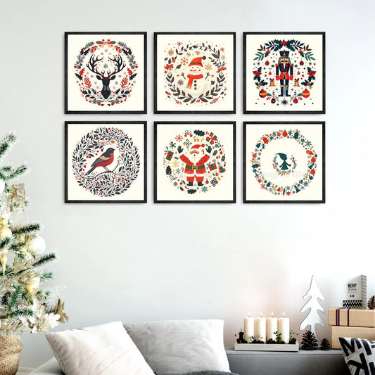 Set of 6 festive Christmas printable wall art pieces, perfect for holiday home decor.