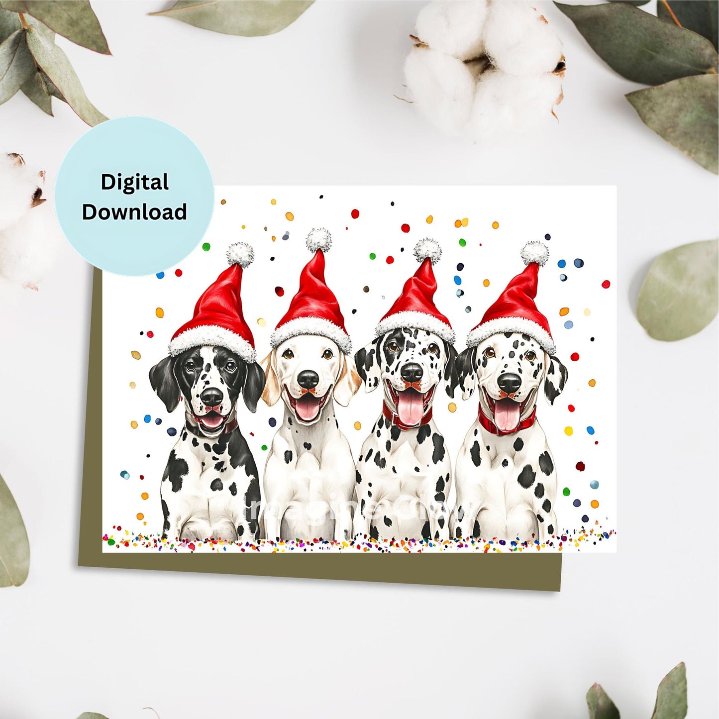 Festive Dalmatian Dogs Christmas card with holiday decorations