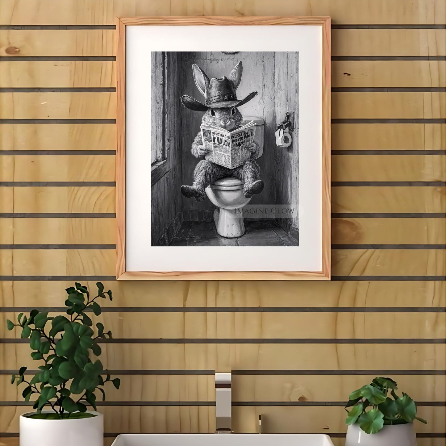 Rabbit Sitting on Toilet Print - Funny Bathroom Wall Decor