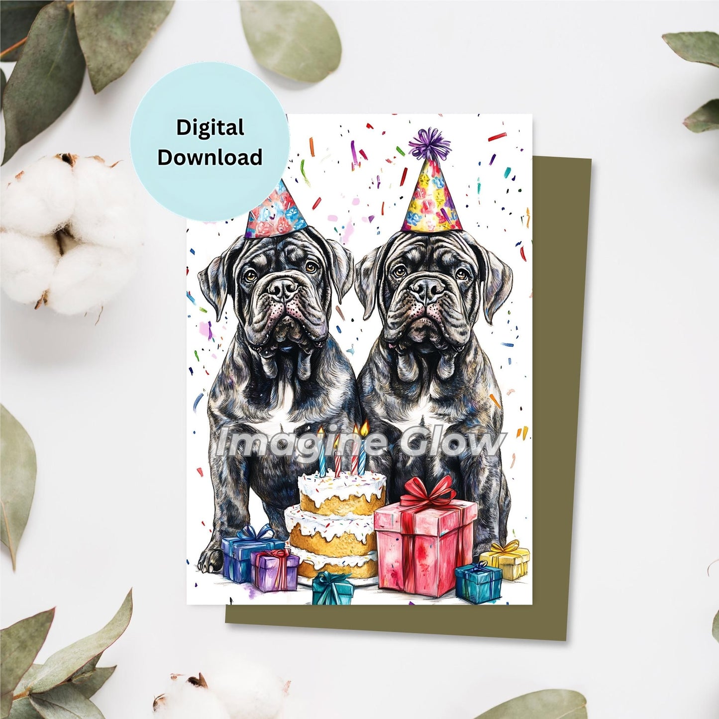 Printable birthday greeting card showcasing adorable Mastiff dogs at a lively party celebration