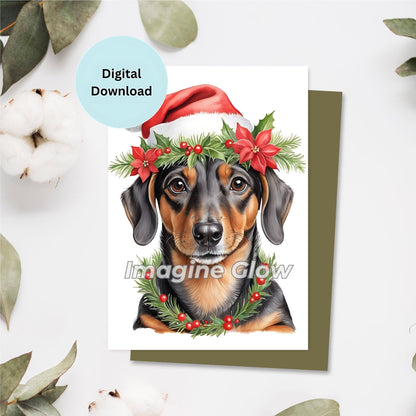 Dachshund Christmas card printable featuring a festive dog illustration