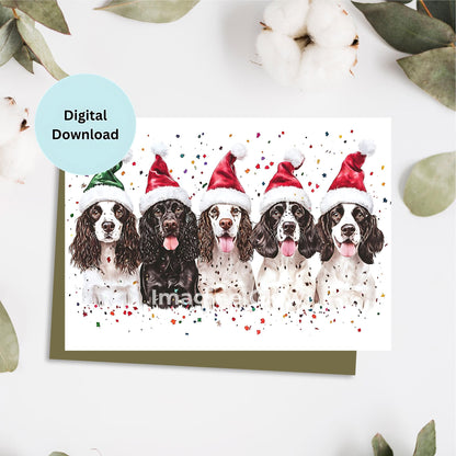 festive English Springer Spaniel Dogs Christmas card with holiday decorations