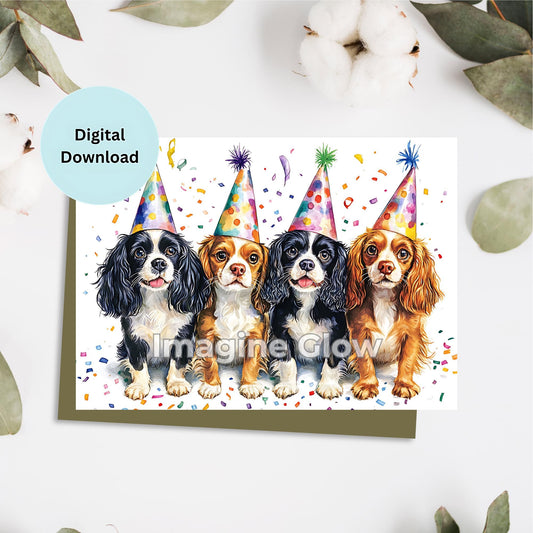 Digital download birthday card with a Cavalier King Charles Spaniel, perfect for celebrating special occasions.