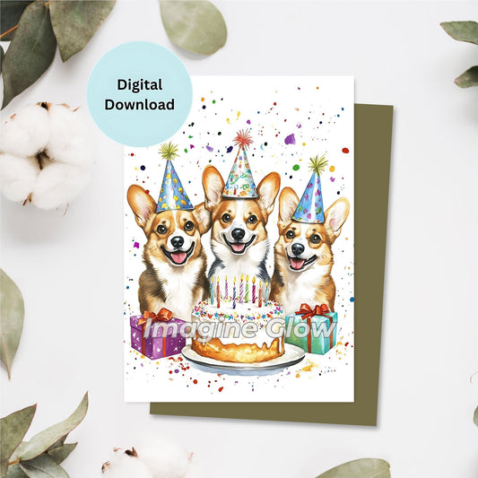 Celebration card with a Welsh Corgi, instant digital download for easy printing.