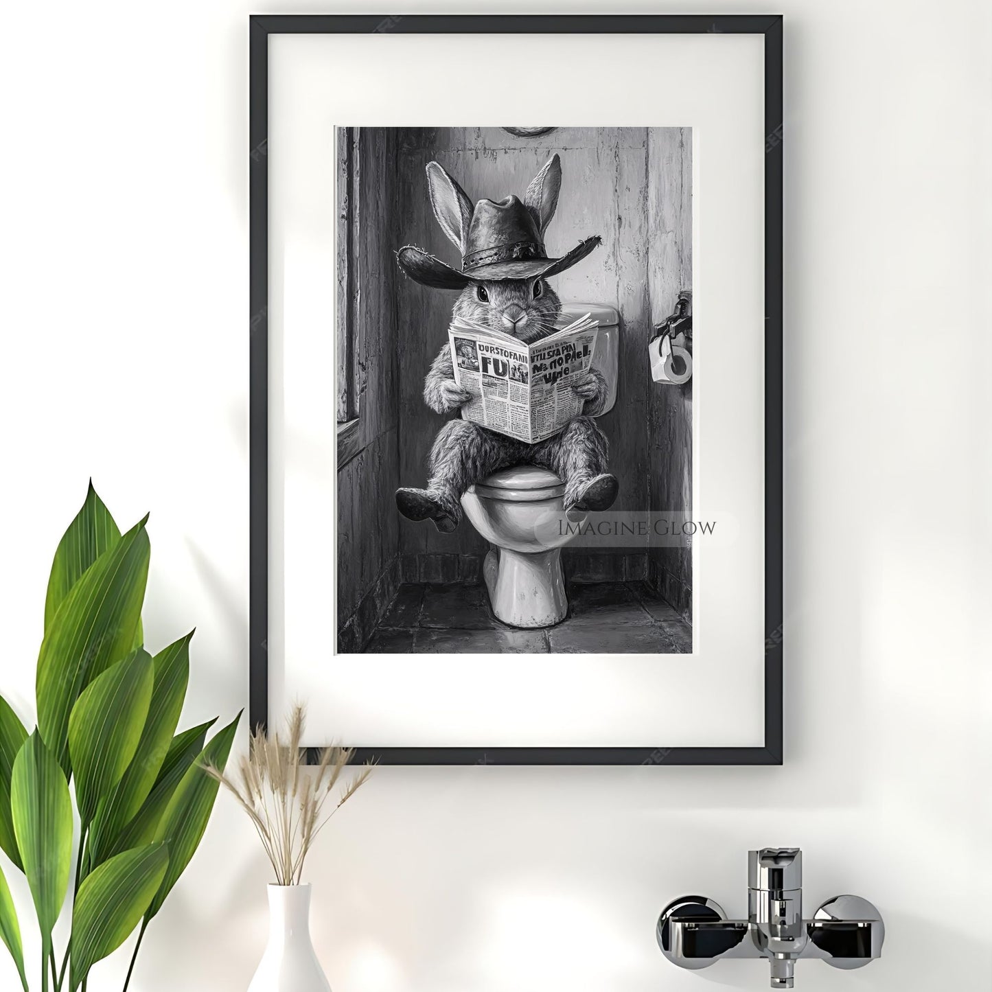 Rabbit Sitting on Toilet Print - Funny Bathroom Wall Decor