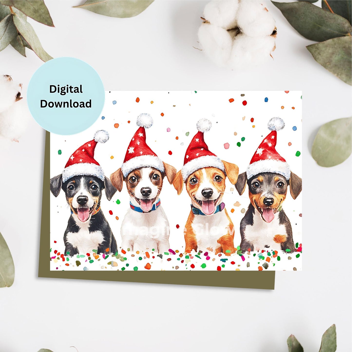 Festive Jack Russell Terrier Dogs Christmas card with holiday decorations