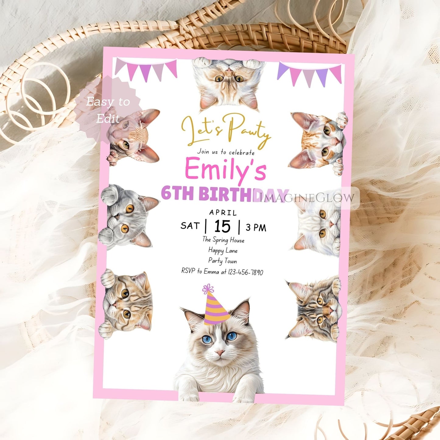 Cat Themed Birthday Invitation - Cute Kitten Party Invite - Girl Birthday