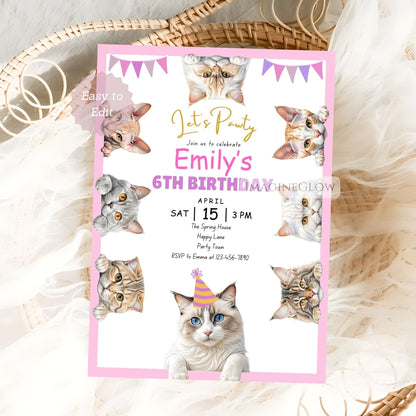Cat Themed Birthday Invitation - Cute Kitten Party Invite - Girl Birthday