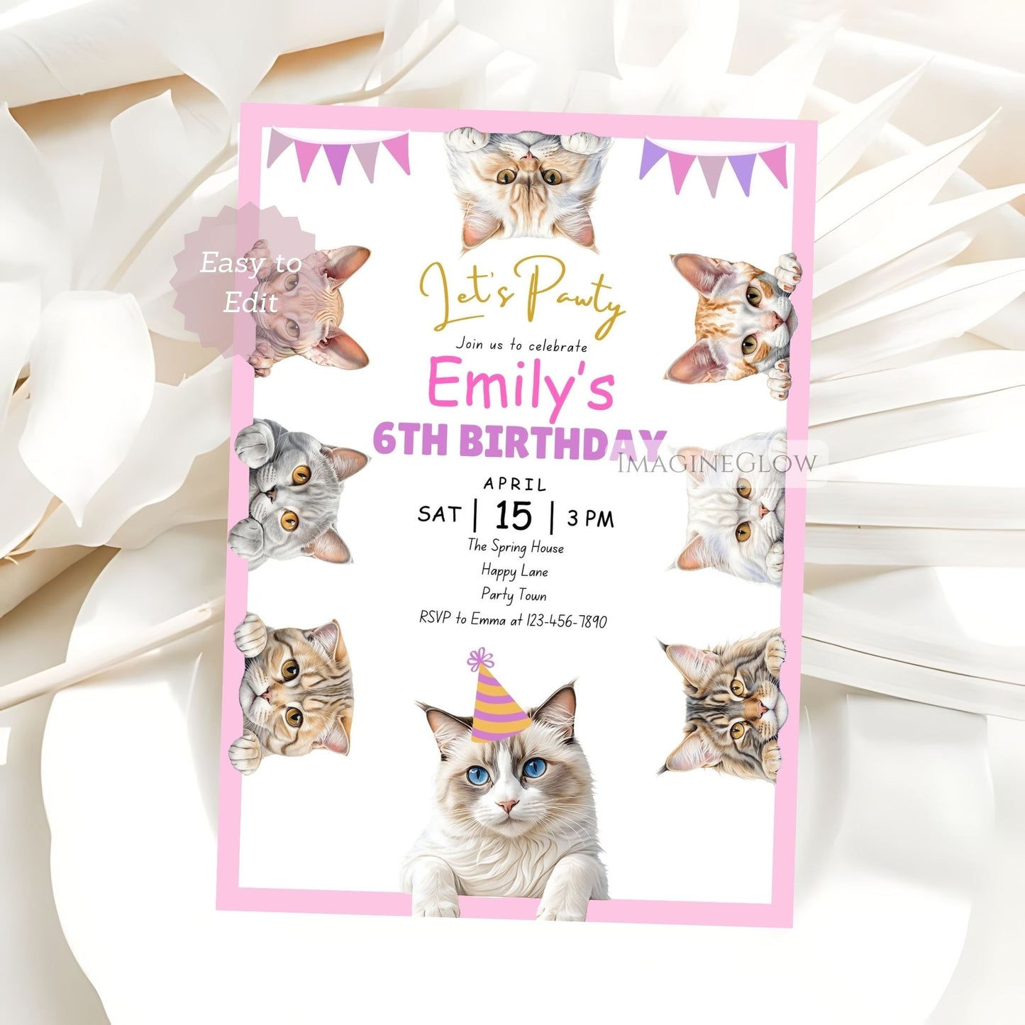 Cat Themed Birthday Invitation - Cute Kitten Party Invite - Girl Birthday