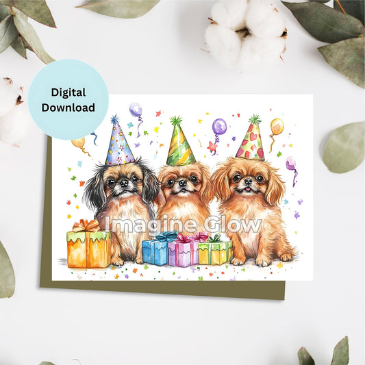 Digital download birthday card featuring a Pekingese dog, perfect for celebrations.