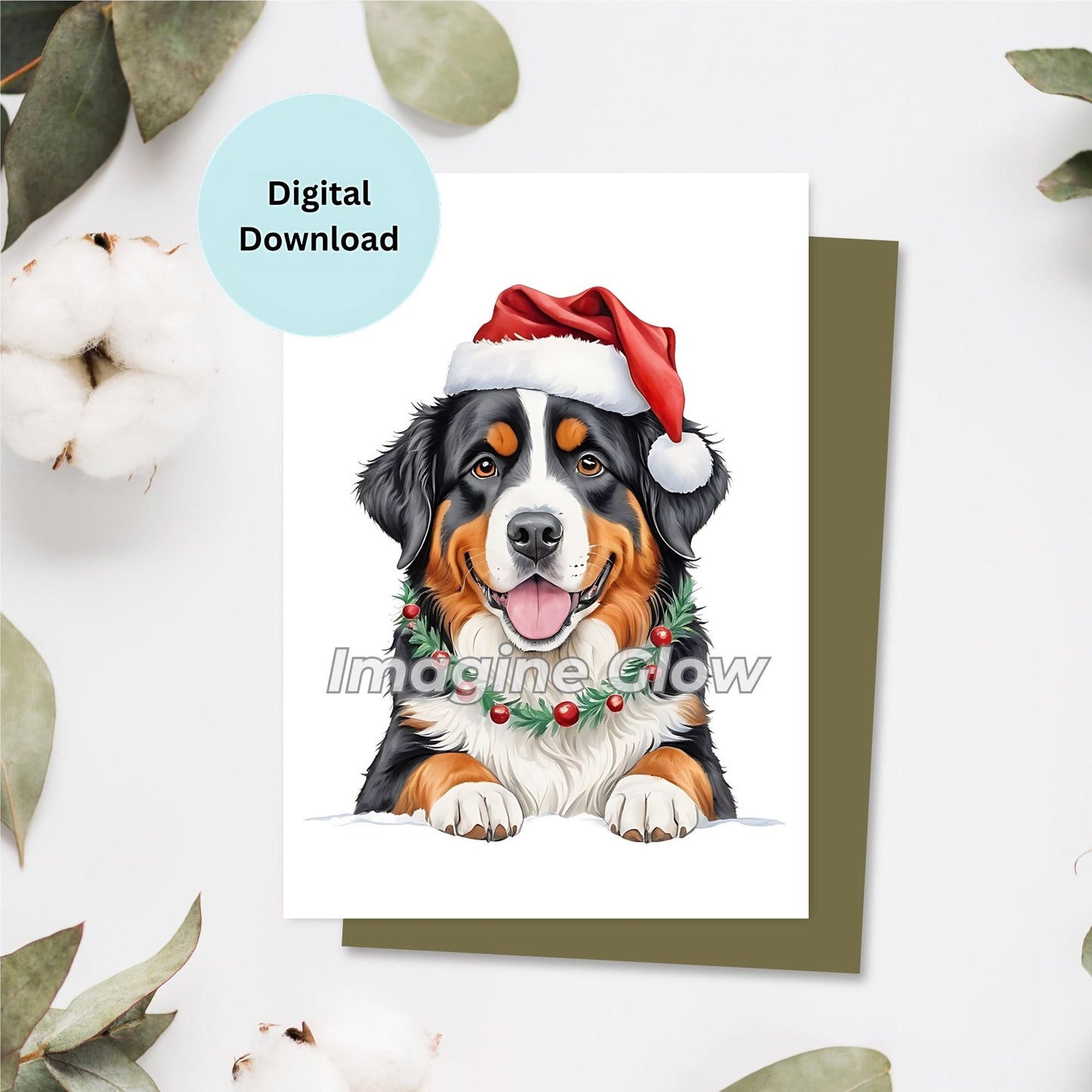 Printable festive Christmas card featuring a Bernese Mountain Dog.