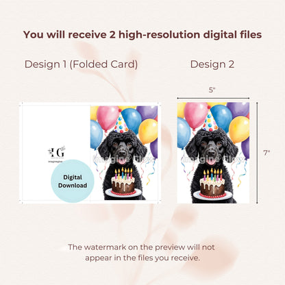 Adorable Poodle dog illustration on a birthday greeting card.