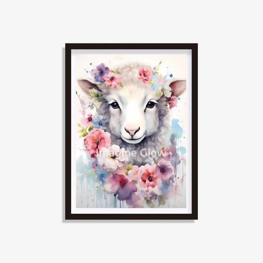 Adorable Sheep with Flowers Art Print - Printable Nursery Wall Art