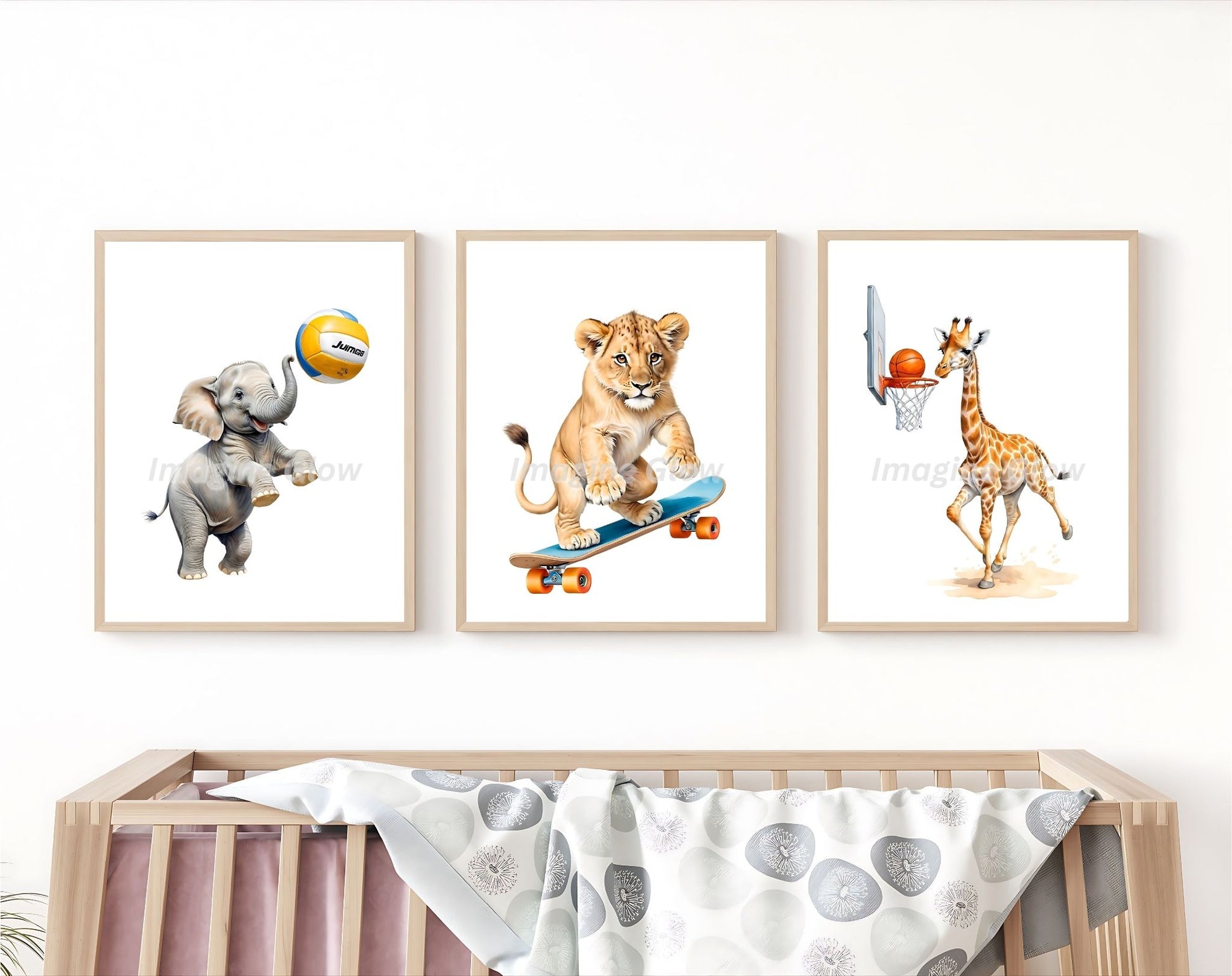 Adorable digital prints of baby animals with hobbies, ideal for a nursery.